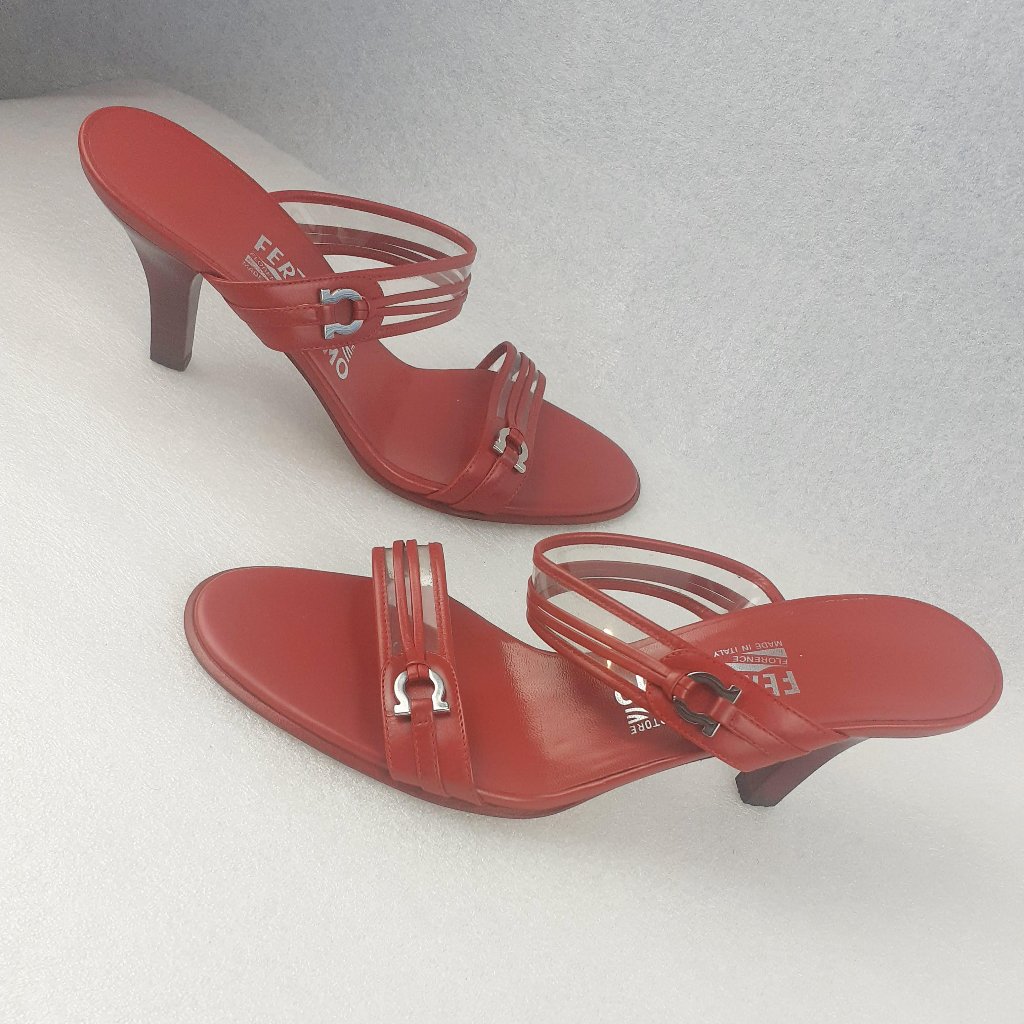 Salvatore Ferragamo Iconic Gancini Leather Slides Heel Made In Italy 7us/5uk